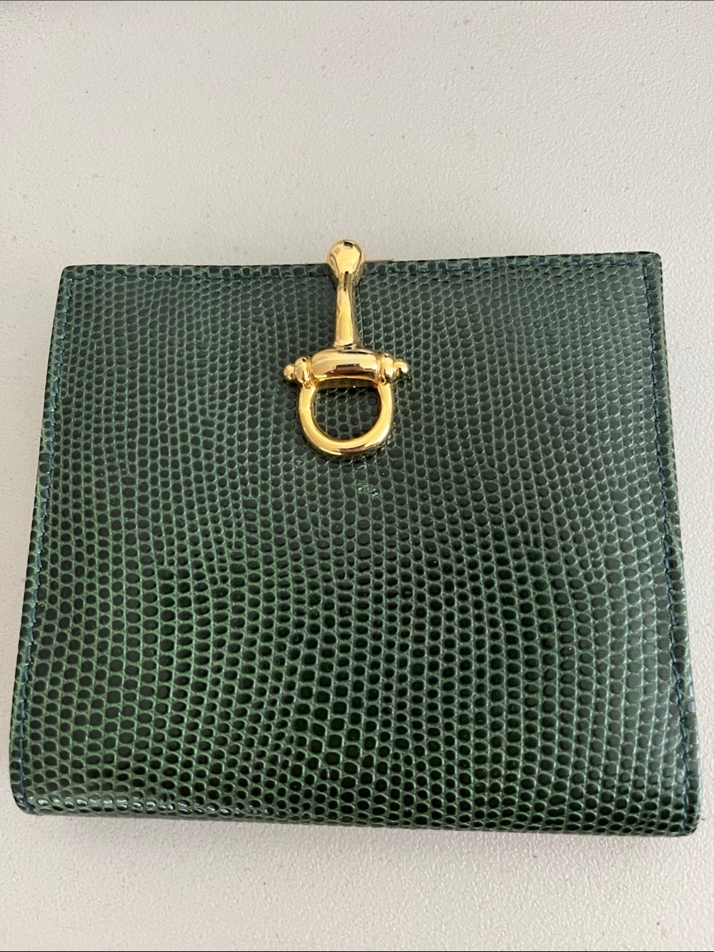 Dark Green Textured Leather Wallet with Gold Toggle Accent